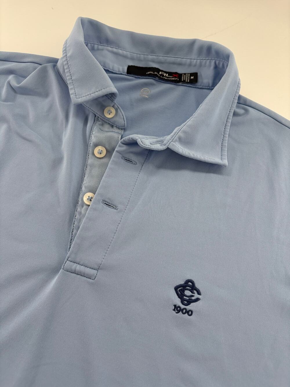 RLX Ralph Lauren Men's Medium Light Blue Golf Polo Charlotte Country Club Logo